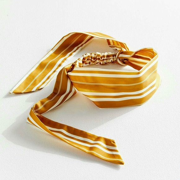 NWT Free People Tie-Back Headband Yellow Mustard White Stripe - Picture 2 of 8